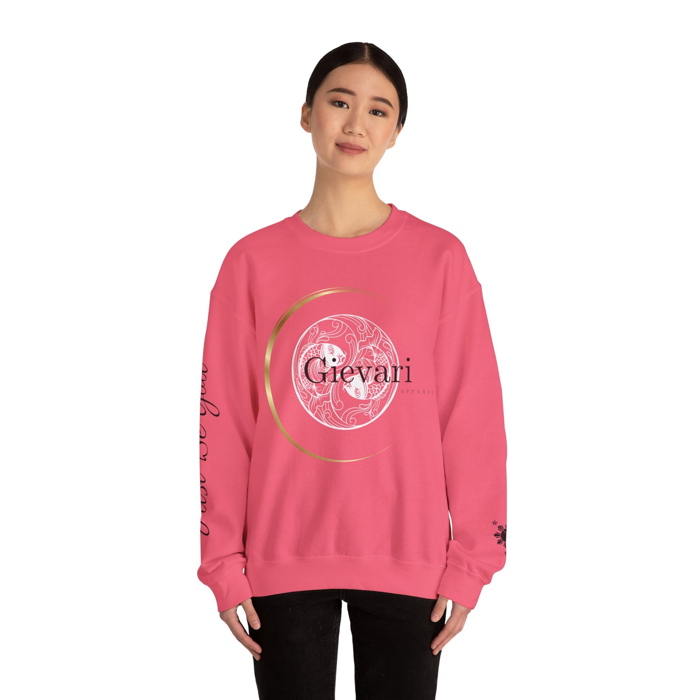 (White/Black)Gievari Crewneck - White/Black | "Just Be You" Sleeve Print, Filipino Sun, 50/50 Cotton-Poly Blend