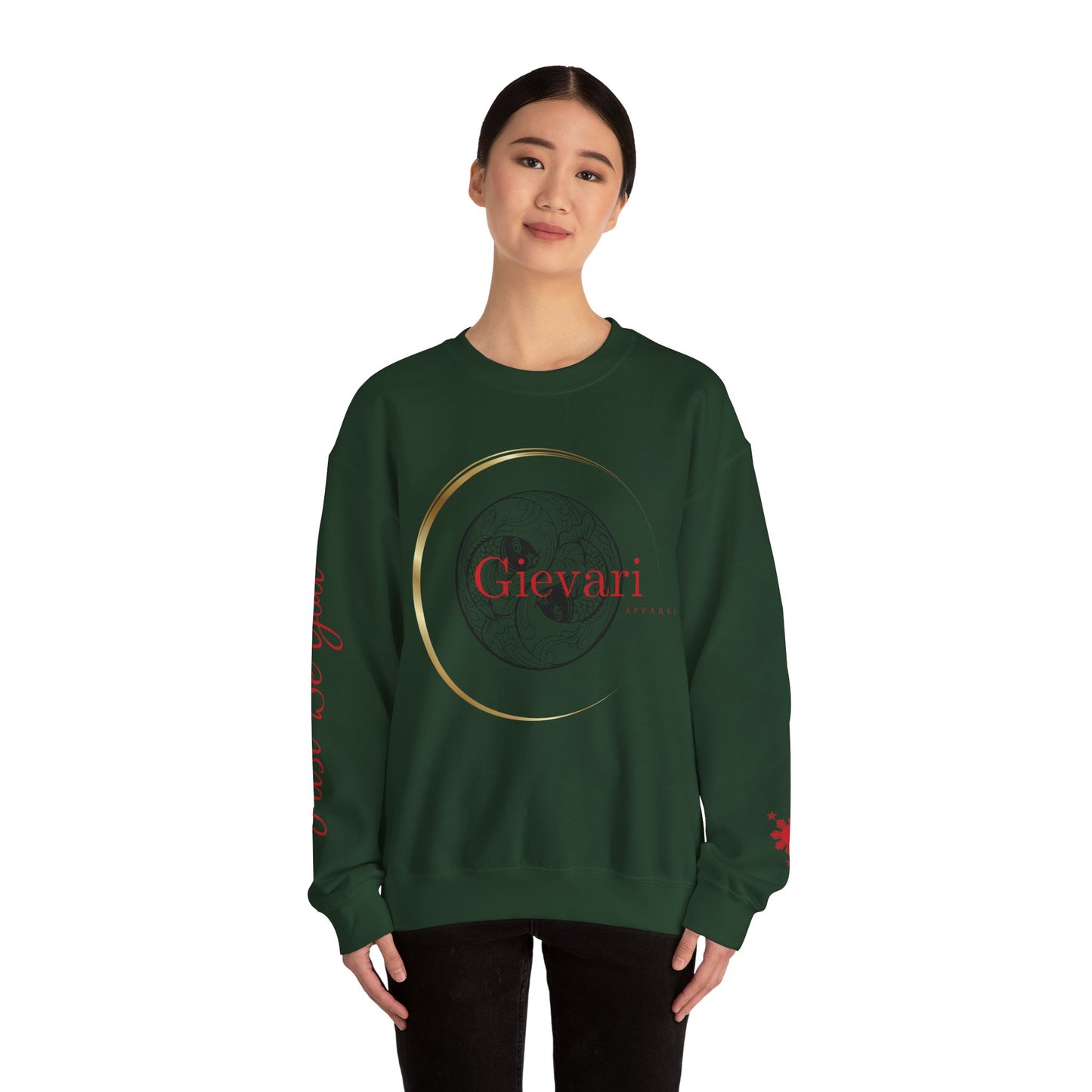Gievari Crewneck - Black/Red | "Just Be You" Sleeve Print, Filipino Sun, 50/50 Cotton-Poly Blend