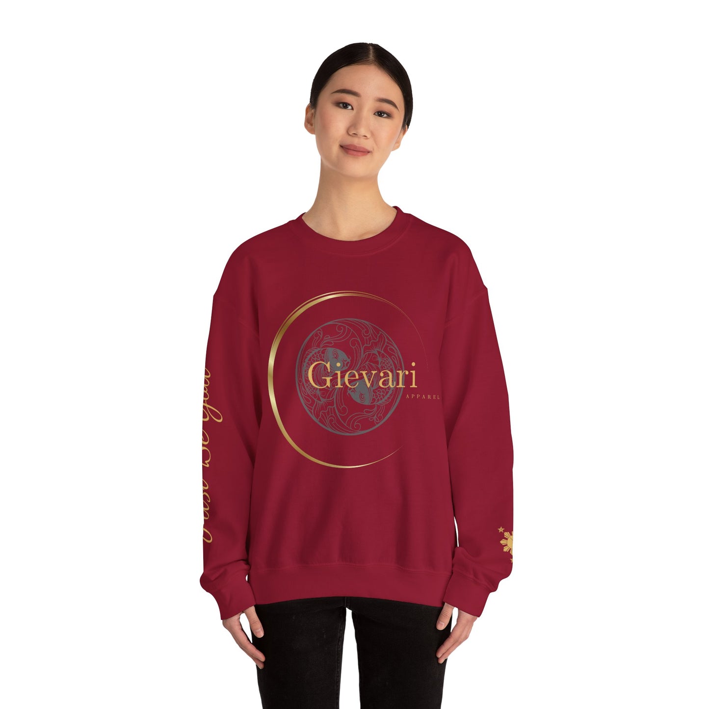 Gievari Crewneck - Gray/Gold | "Just Be You" Sleeve Print, Filipino Sun, 50/50 Cotton-Poly Blend