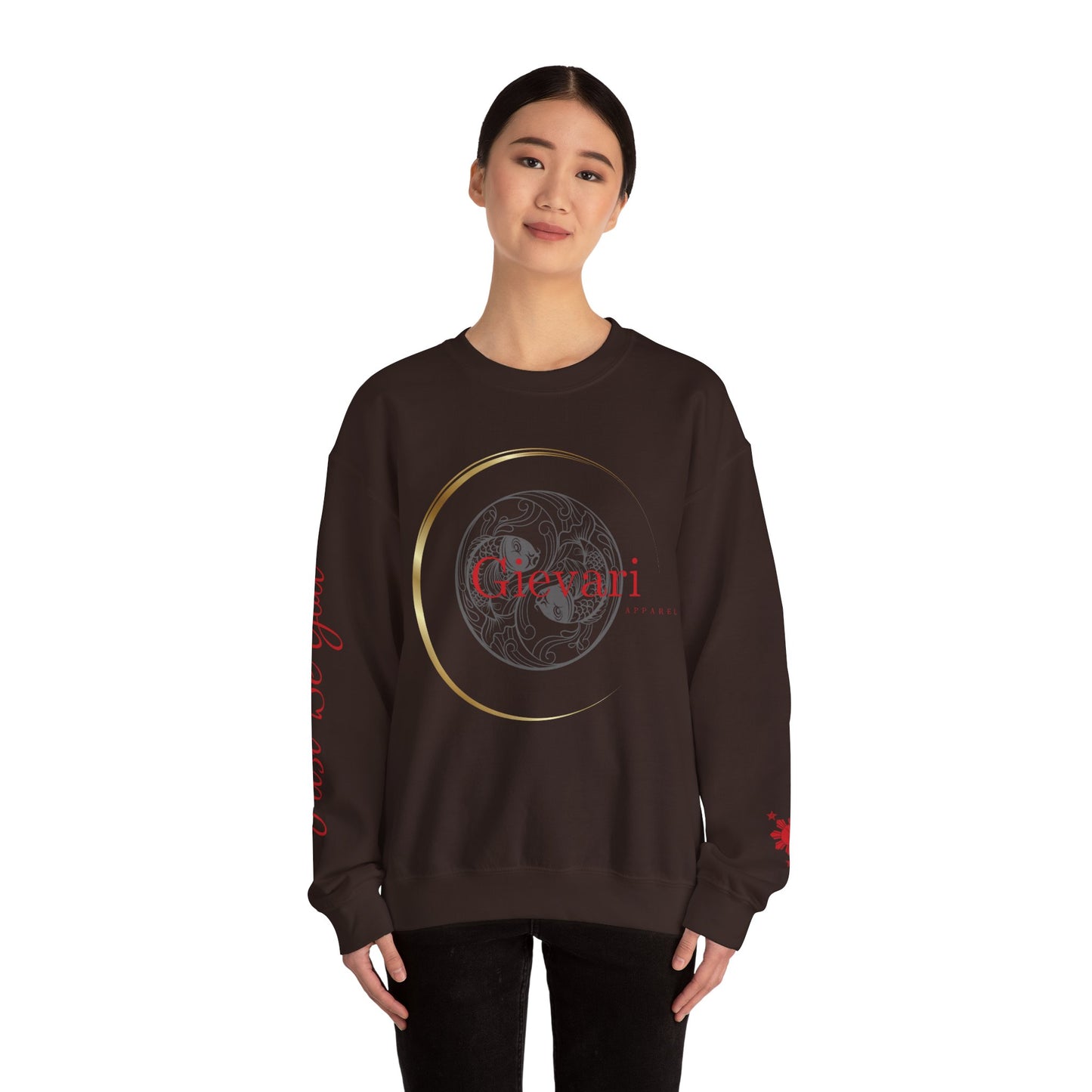 Gievari Crewneck - Gray/Red | "Just Be You" Sleeve Print, Filipino Sun, 50/50 Cotton-Poly Blend