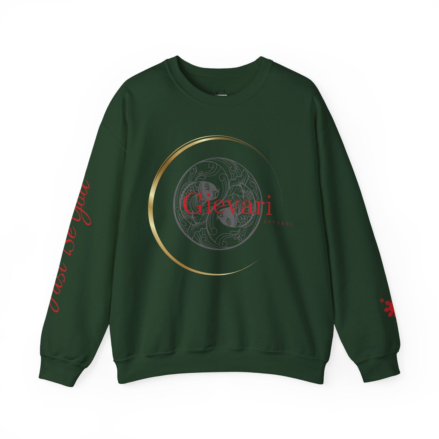 Gievari Crewneck - Gray/Red | "Just Be You" Sleeve Print, Filipino Sun, 50/50 Cotton-Poly Blend