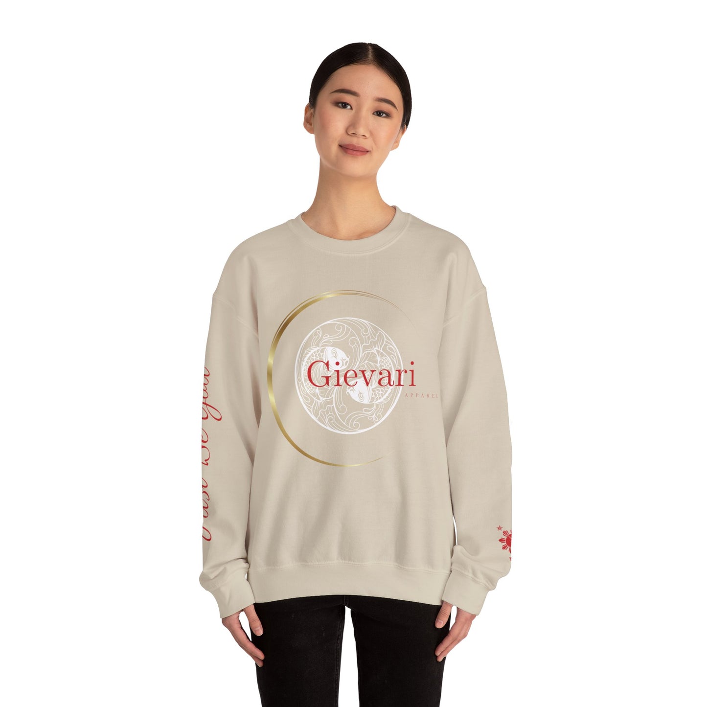 Gievari Crewneck - White/Red | "Just Be You" Sleeve Print, Filipino Sun, 50/50 Cotton-Poly Blend