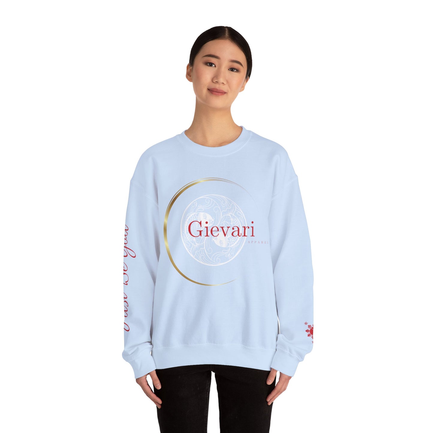 Gievari Crewneck - White/Red | "Just Be You" Sleeve Print, Filipino Sun, 50/50 Cotton-Poly Blend