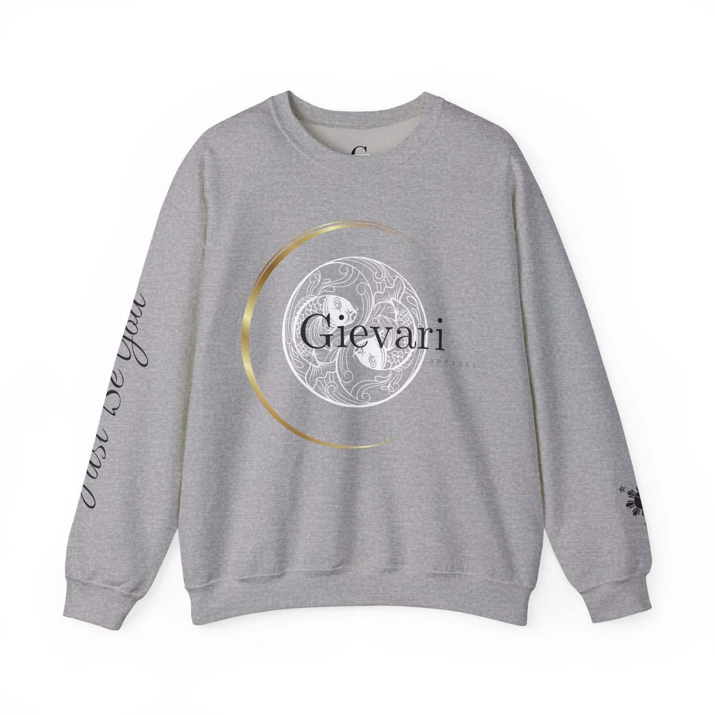 (White/Black)Gievari Crewneck - White/Black | "Just Be You" Sleeve Print, Filipino Sun, 50/50 Cotton-Poly Blend