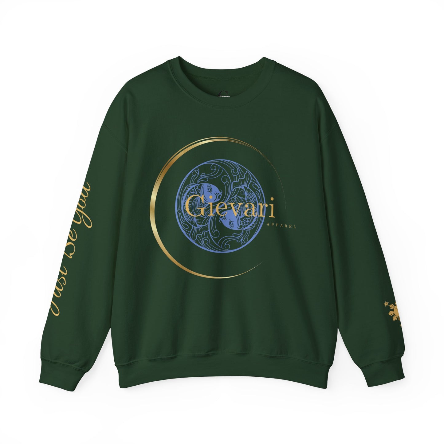 Gievari Crewneck - Light Blue/Gold | "Just Be You" Sleeve Print, Filipino Sun, 50/50 Cotton-Poly Blend