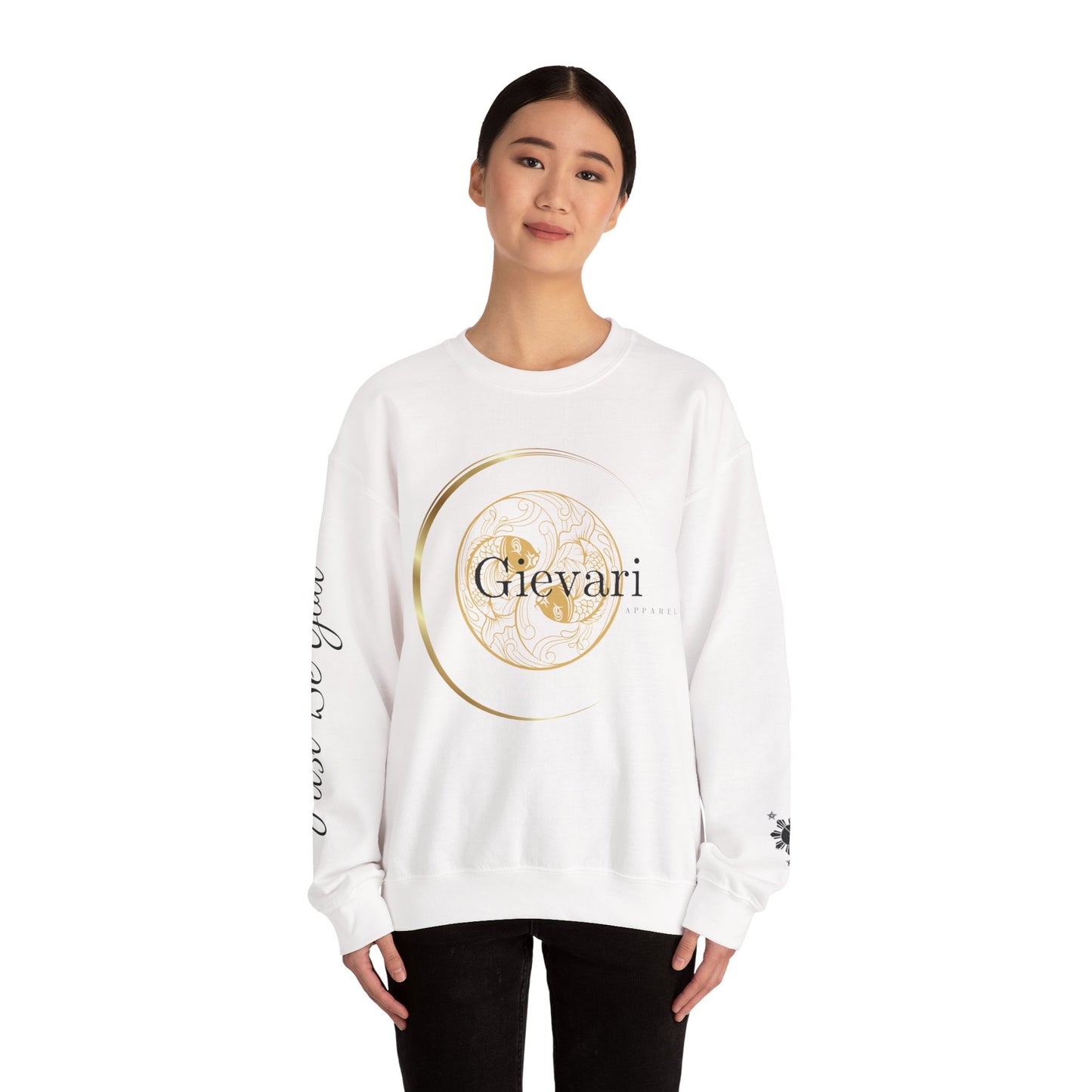 Gievari Crewneck - Gold/Black | "Just Be You" Sleeve Print, Filipino Sun, 50/50 Cotton-Poly Blend