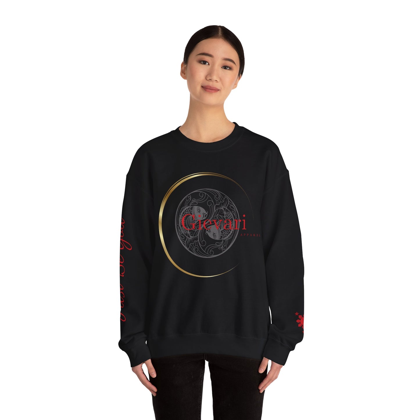 Gievari Crewneck - Gray/Red | "Just Be You" Sleeve Print, Filipino Sun, 50/50 Cotton-Poly Blend