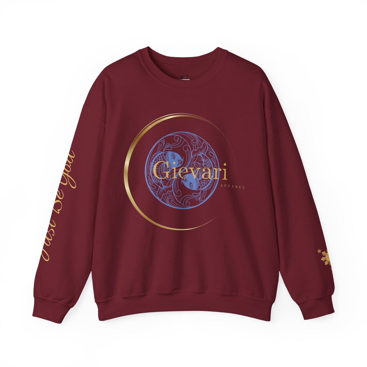 Gievari Crewneck - Light Blue/Gold | "Just Be You" Sleeve Print, Filipino Sun, 50/50 Cotton-Poly Blend