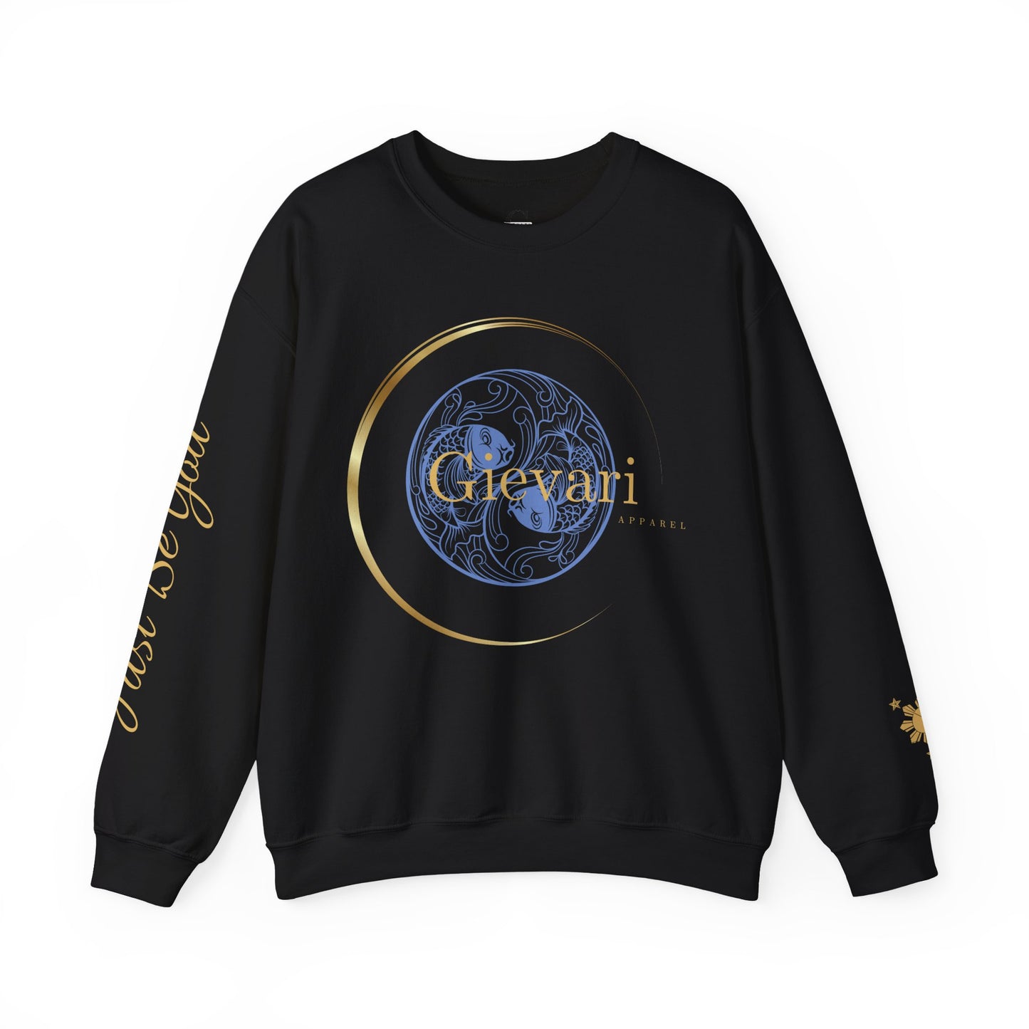 Gievari Crewneck - Light Blue/Gold | "Just Be You" Sleeve Print, Filipino Sun, 50/50 Cotton-Poly Blend
