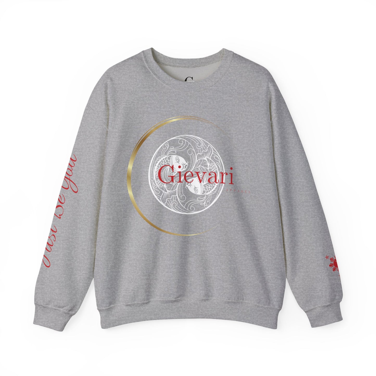 Gievari Crewneck - White/Red | "Just Be You" Sleeve Print, Filipino Sun, 50/50 Cotton-Poly Blend