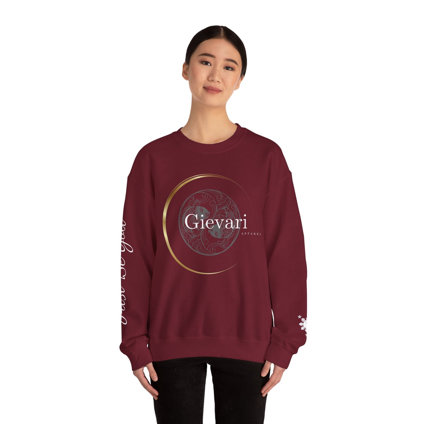 Gievari Crewneck - Gray/White | "Just Be You" Sleeve Print, Filipino Sun, 50/50 Cotton-Poly Blend