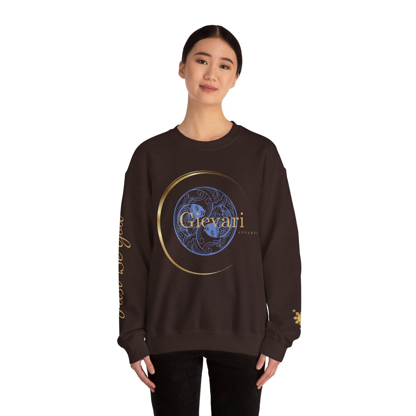 Gievari Crewneck - Light Blue/Gold | "Just Be You" Sleeve Print, Filipino Sun, 50/50 Cotton-Poly Blend