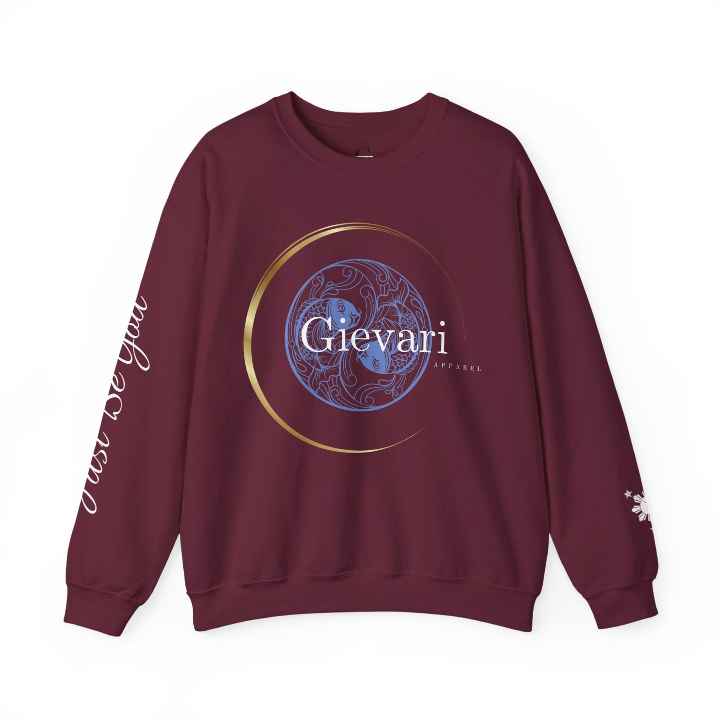 Gievari Crewneck - Light Blue/White | "Just Be You" Sleeve Print, Filipino Sun, 50/50 Cotton-Poly Blend