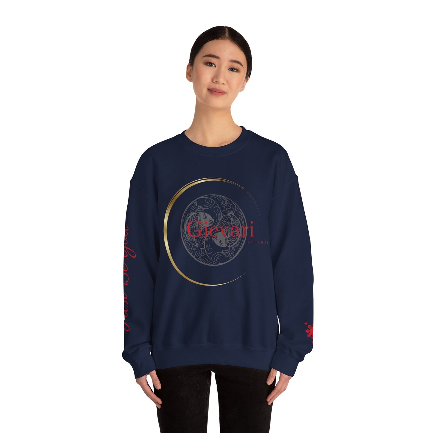 Gievari Crewneck - Gray/Red | "Just Be You" Sleeve Print, Filipino Sun, 50/50 Cotton-Poly Blend