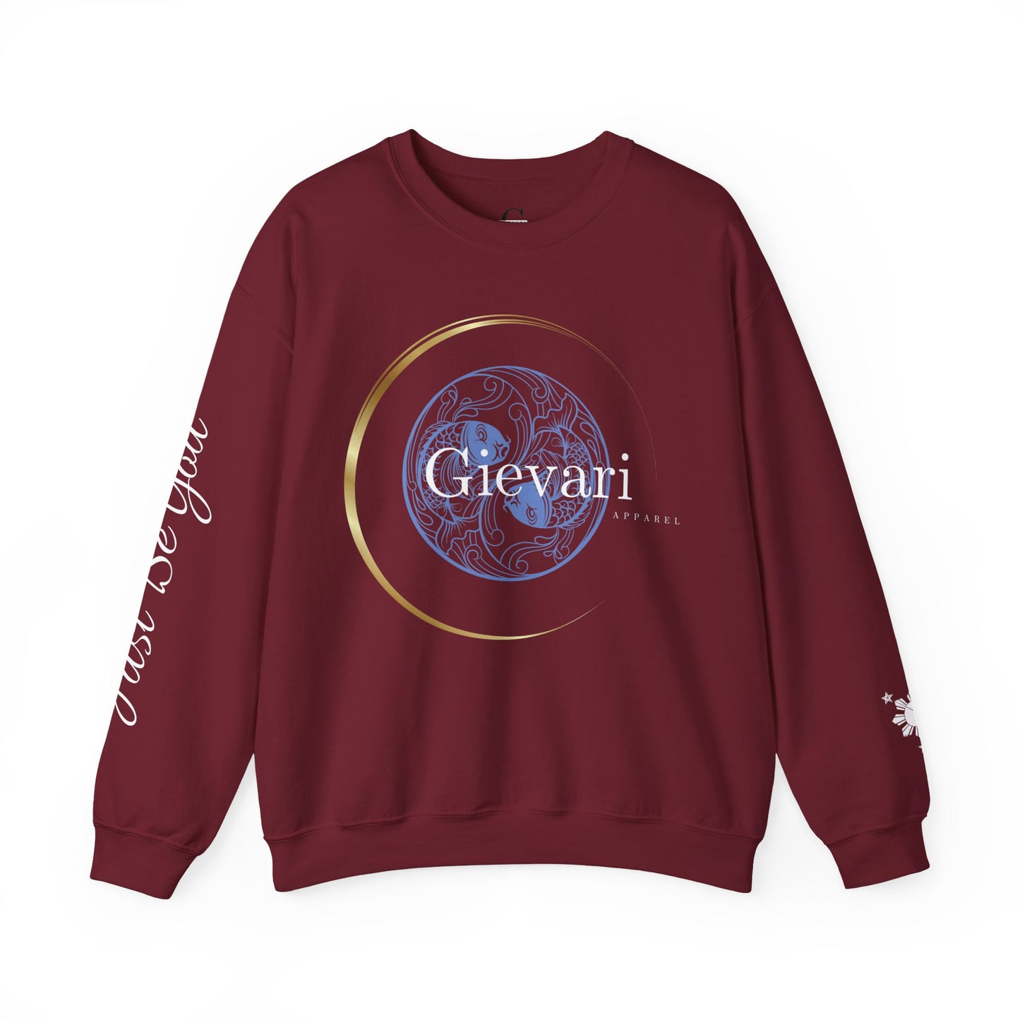 Gievari Crewneck - Light Blue/White | "Just Be You" Sleeve Print, Filipino Sun, 50/50 Cotton-Poly Blend