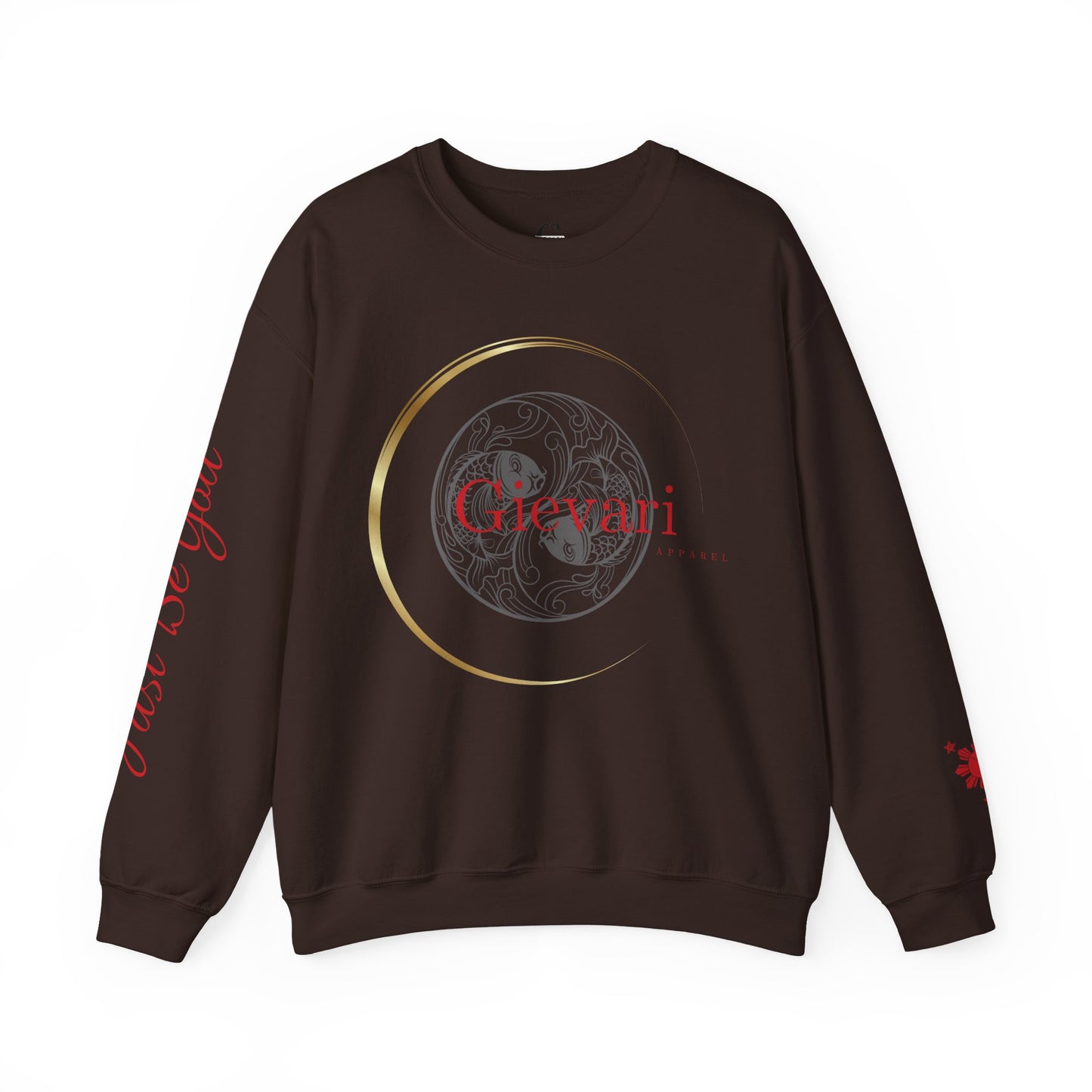 Gievari Crewneck - Gray/Red | "Just Be You" Sleeve Print, Filipino Sun, 50/50 Cotton-Poly Blend