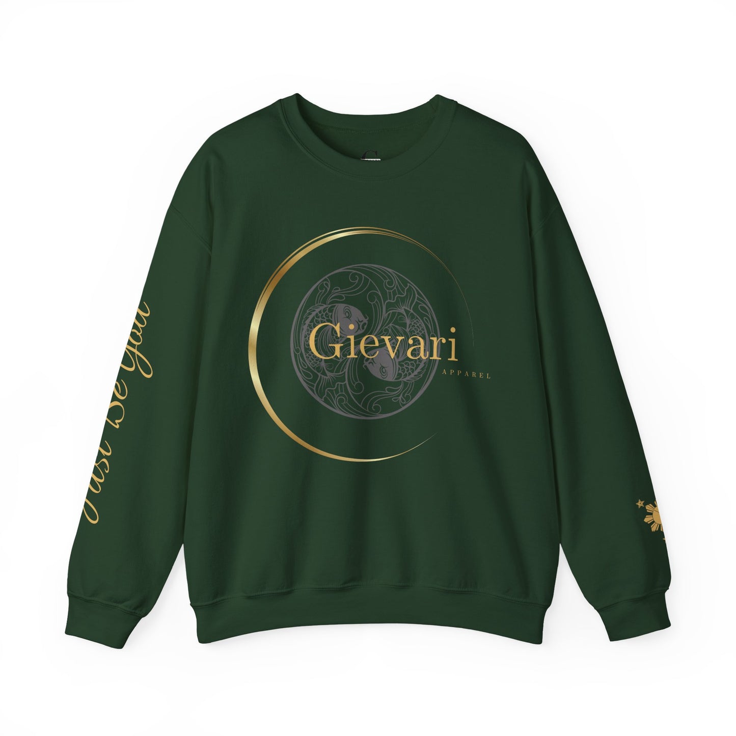 Gievari Crewneck - Gray/Gold | "Just Be You" Sleeve Print, Filipino Sun, 50/50 Cotton-Poly Blend