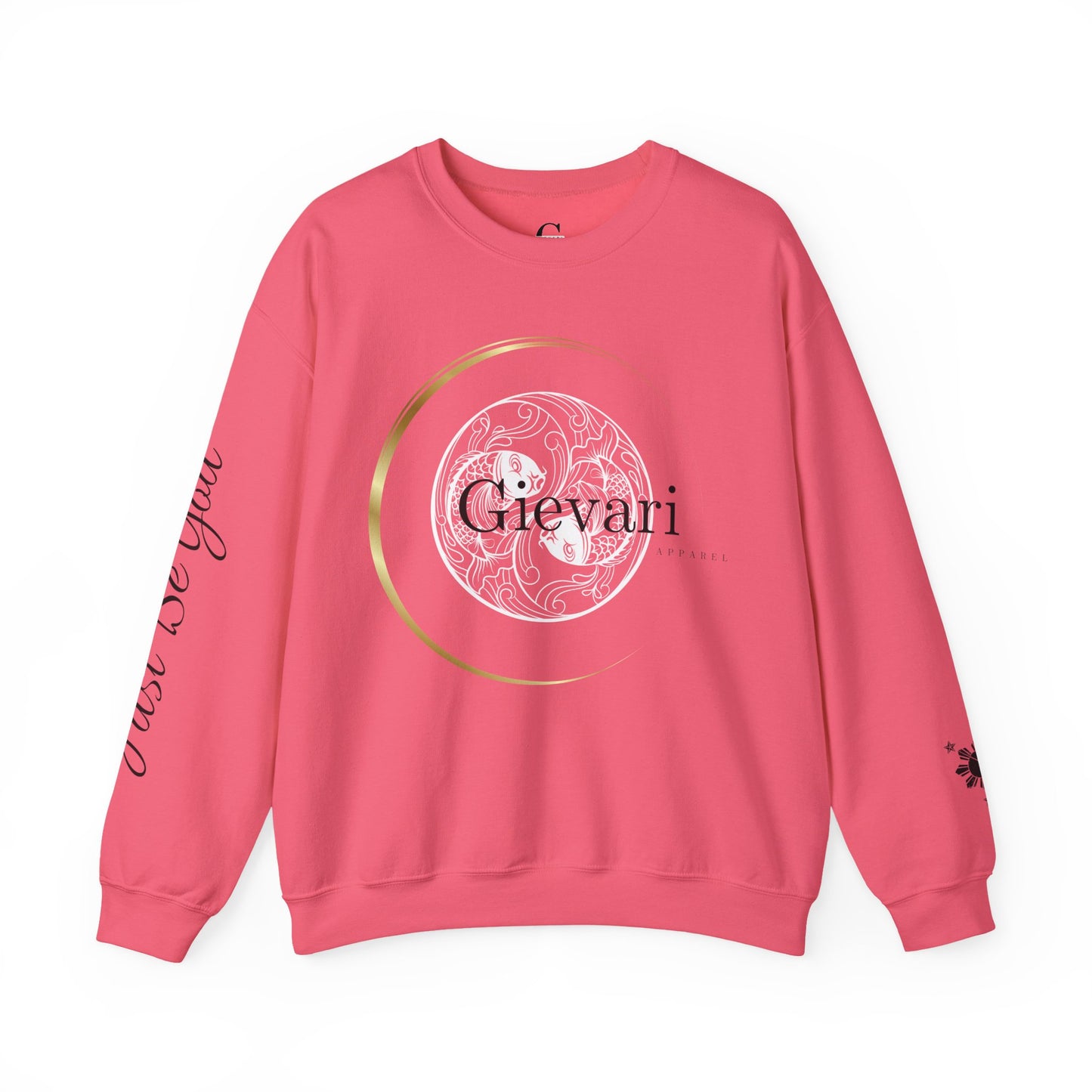 (White/Black)Gievari Crewneck - White/Black | "Just Be You" Sleeve Print, Filipino Sun, 50/50 Cotton-Poly Blend