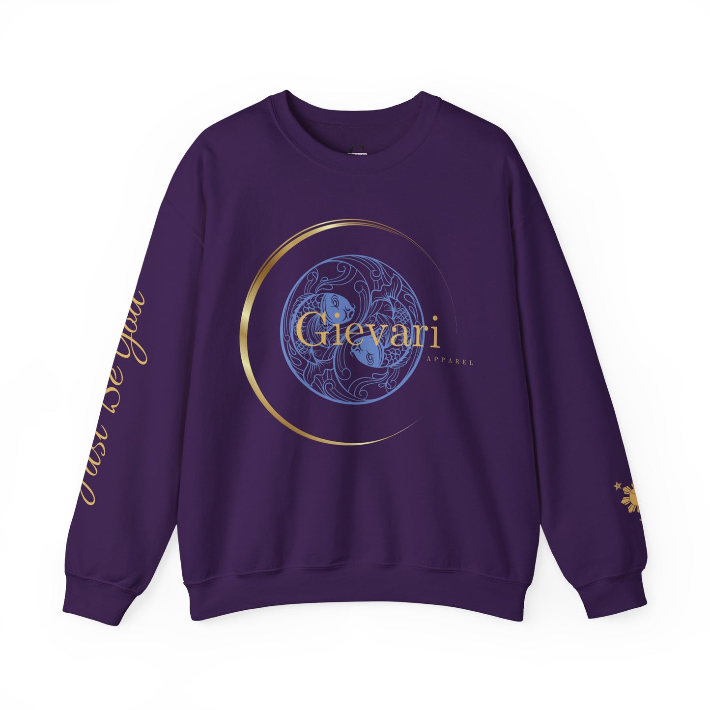 Gievari Crewneck - Light Blue/Gold | "Just Be You" Sleeve Print, Filipino Sun, 50/50 Cotton-Poly Blend