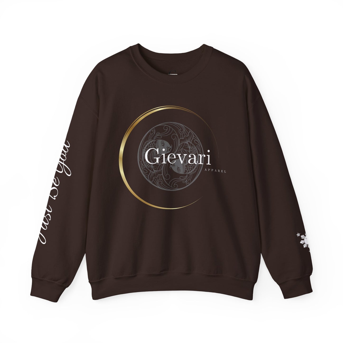 Gievari Crewneck - Gray/White | "Just Be You" Sleeve Print, Filipino Sun, 50/50 Cotton-Poly Blend