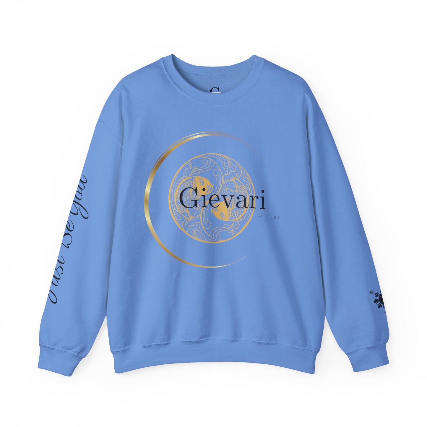 Gievari Crewneck - Gold/Black | "Just Be You" Sleeve Print, Filipino Sun, 50/50 Cotton-Poly Blend