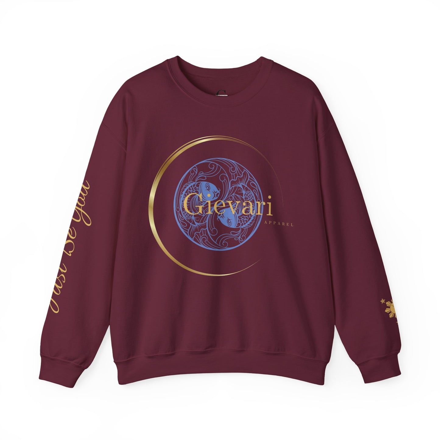 Gievari Crewneck - Light Blue/Gold | "Just Be You" Sleeve Print, Filipino Sun, 50/50 Cotton-Poly Blend