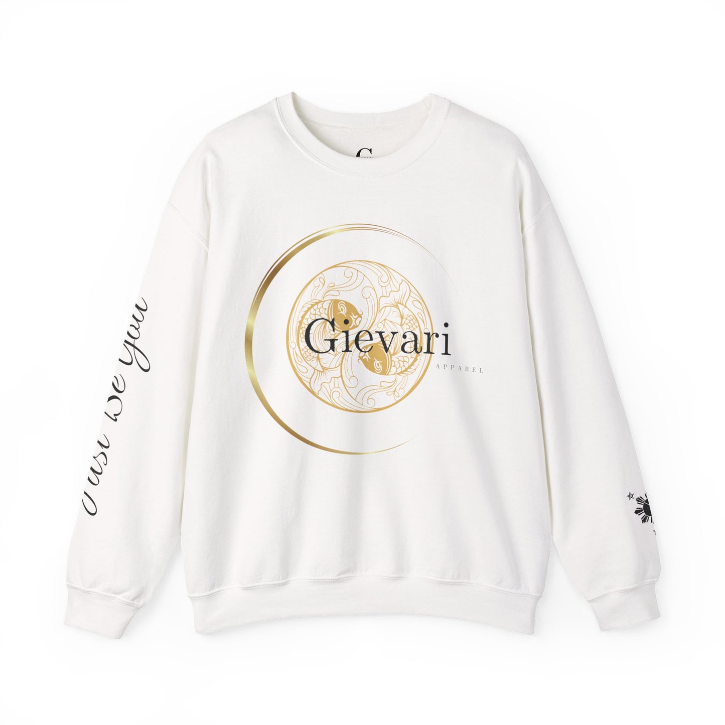 Gievari Crewneck - Gold/Black | "Just Be You" Sleeve Print, Filipino Sun, 50/50 Cotton-Poly Blend