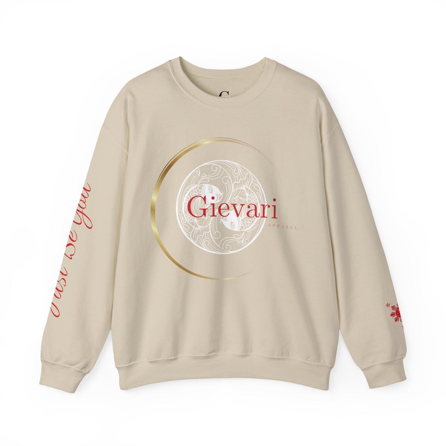 Gievari Crewneck - White/Red | "Just Be You" Sleeve Print, Filipino Sun, 50/50 Cotton-Poly Blend