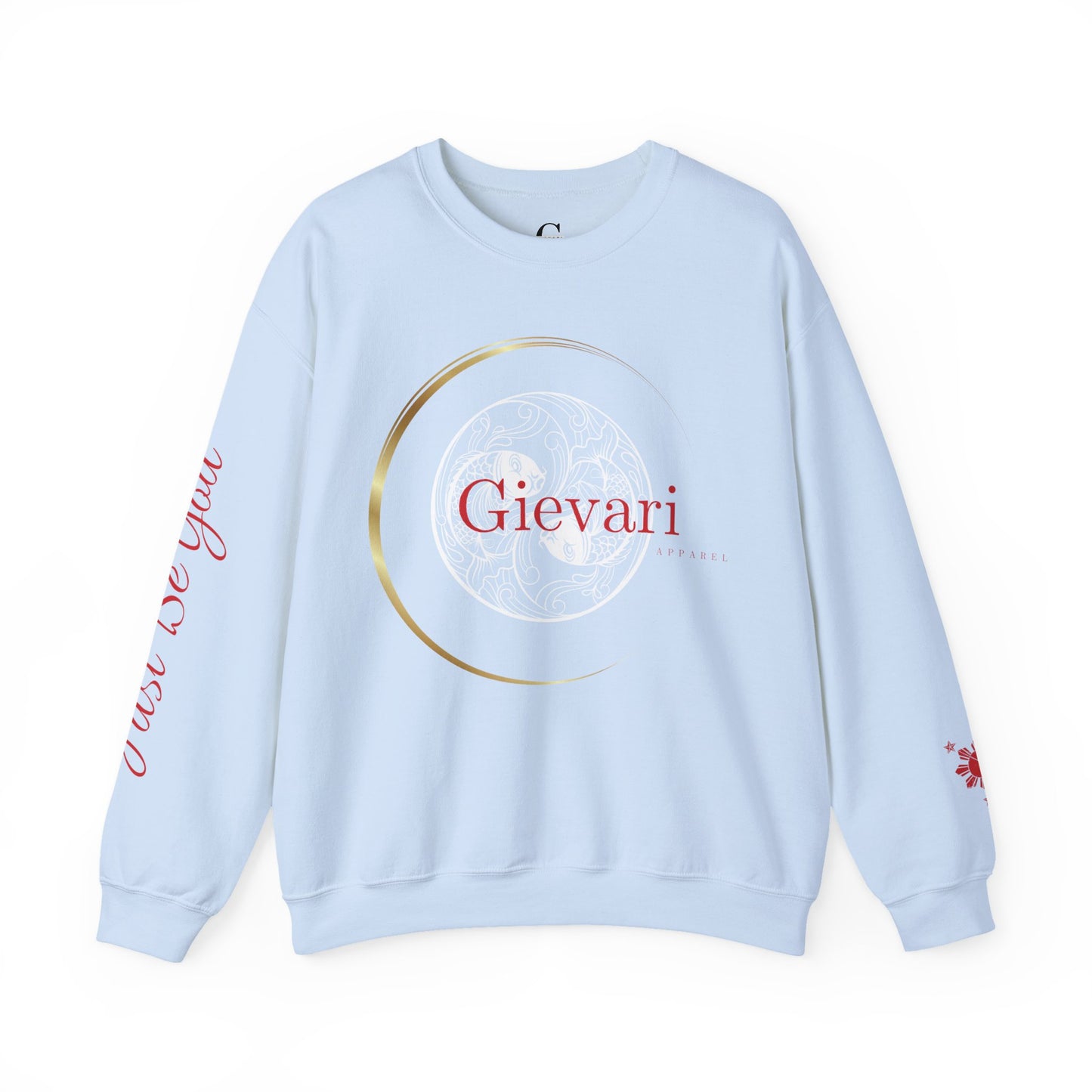Gievari Crewneck - White/Red | "Just Be You" Sleeve Print, Filipino Sun, 50/50 Cotton-Poly Blend