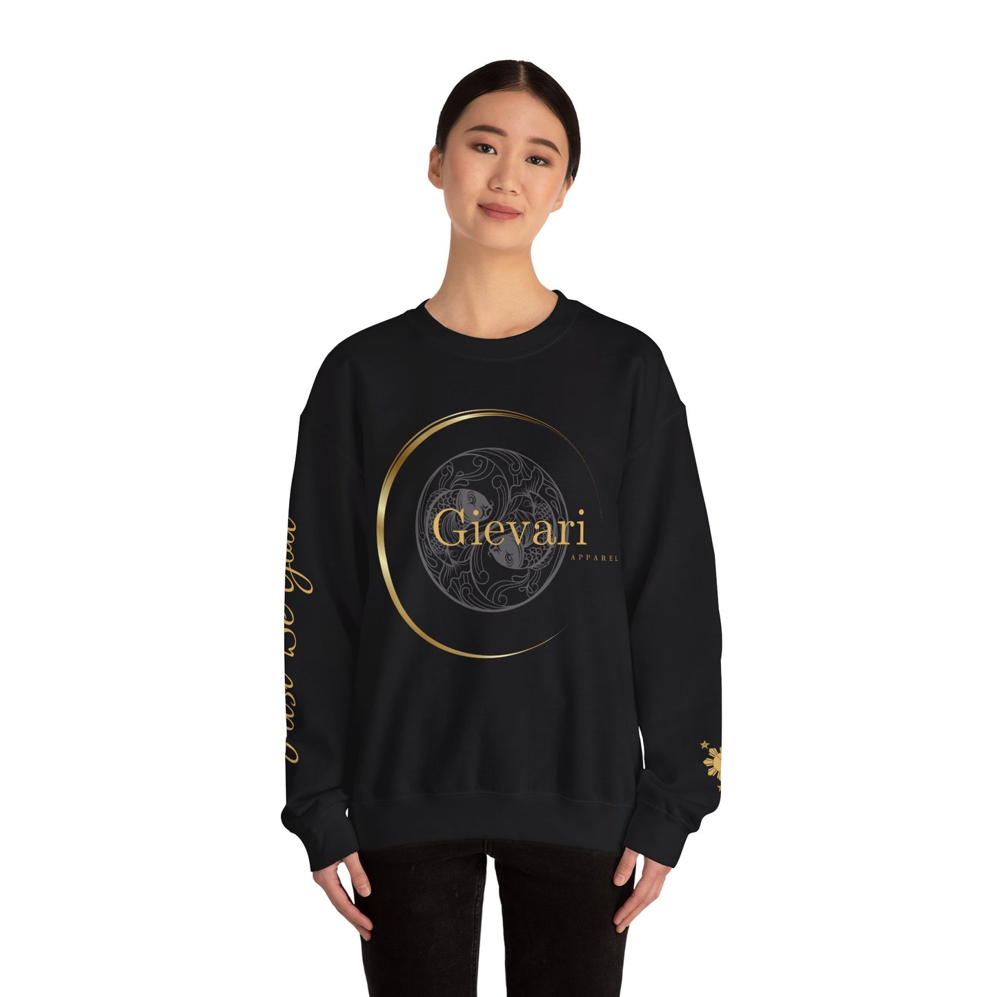 Gievari Crewneck - Gray/Gold | "Just Be You" Sleeve Print, Filipino Sun, 50/50 Cotton-Poly Blend