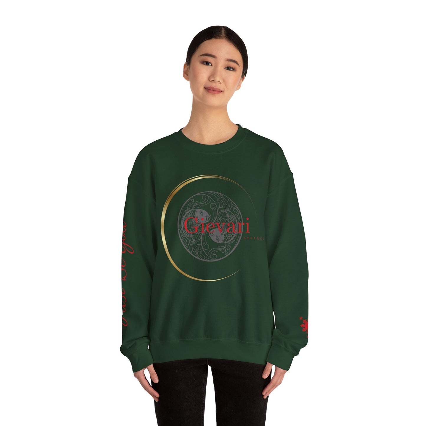 Gievari Crewneck - Gray/Red | "Just Be You" Sleeve Print, Filipino Sun, 50/50 Cotton-Poly Blend