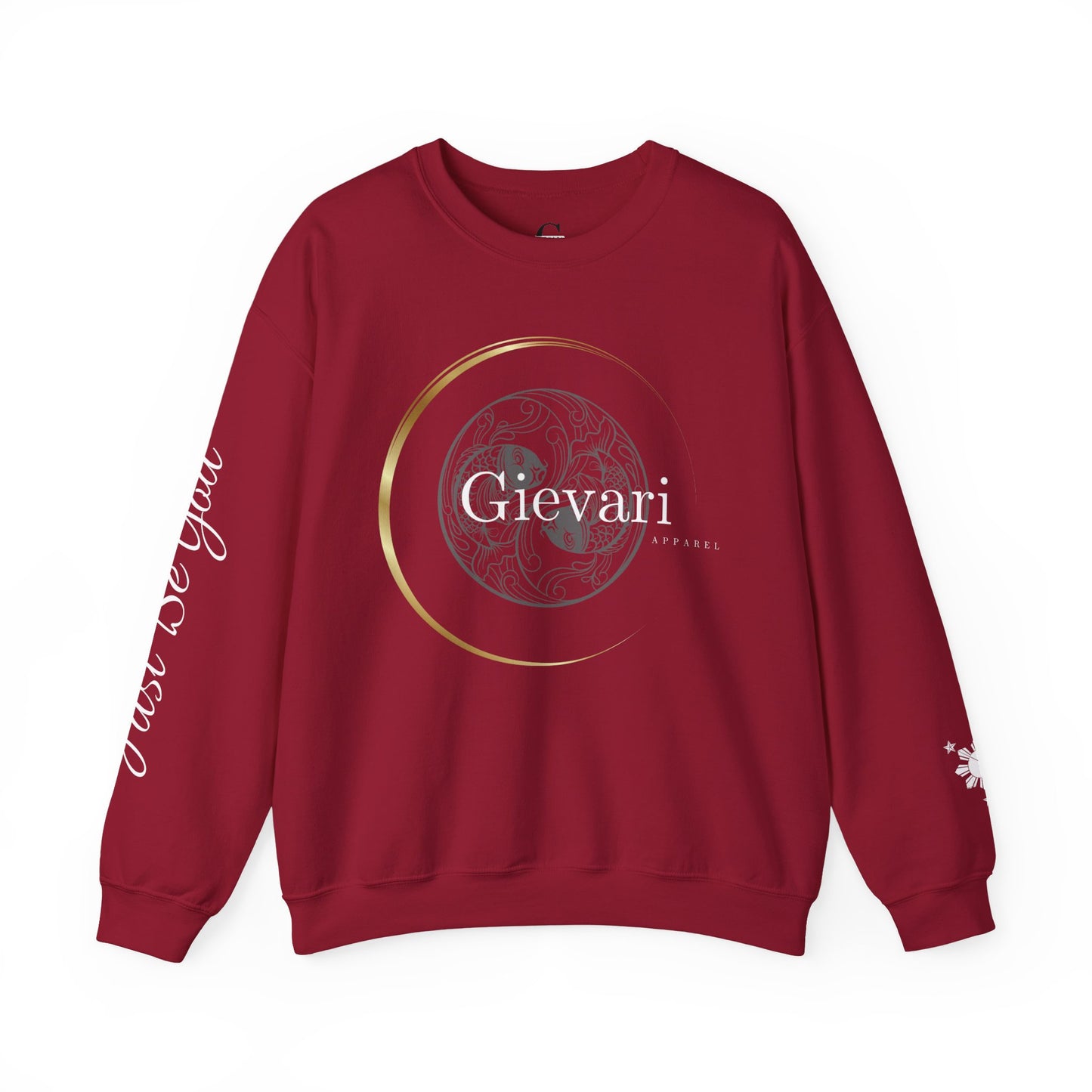 Gievari Crewneck - Gray/White | "Just Be You" Sleeve Print, Filipino Sun, 50/50 Cotton-Poly Blend