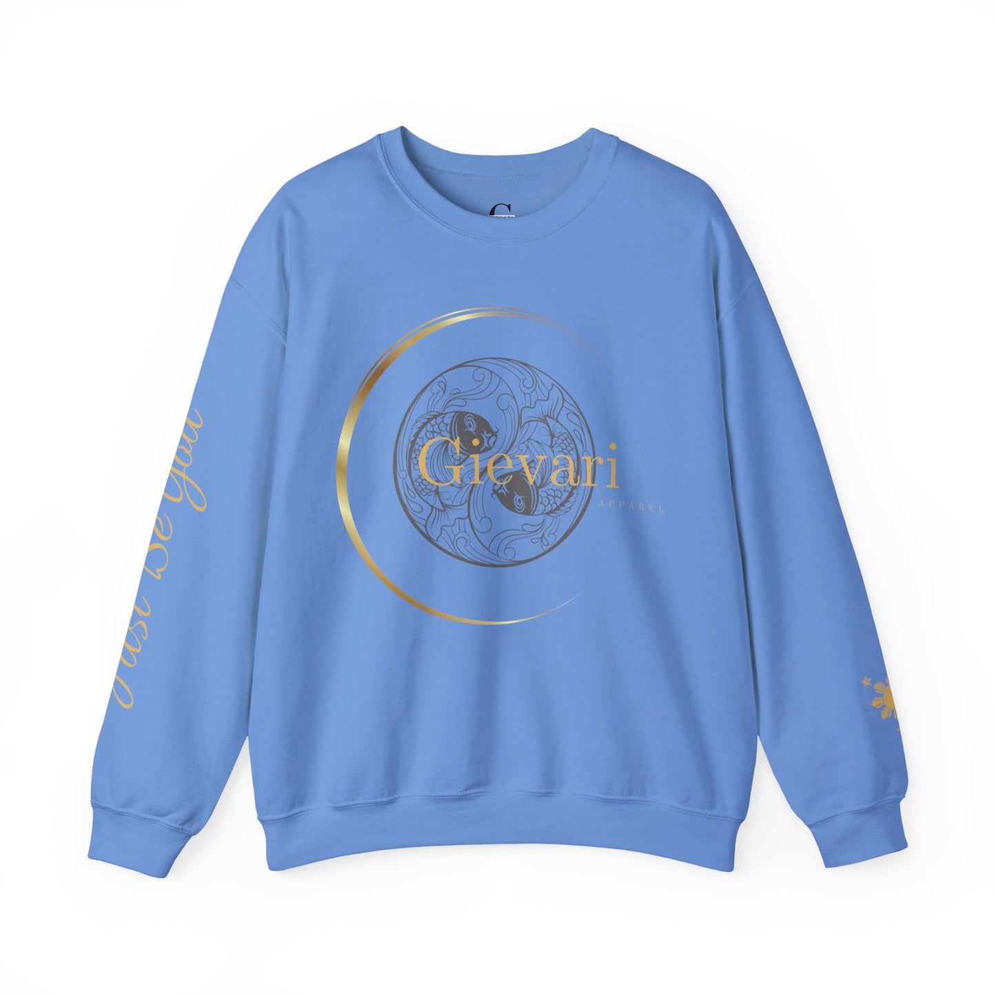 Gievari Crewneck - Gray/Gold | "Just Be You" Sleeve Print, Filipino Sun, 50/50 Cotton-Poly Blend