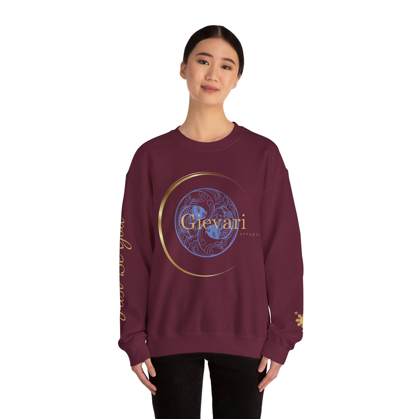 Gievari Crewneck - Light Blue/Gold | "Just Be You" Sleeve Print, Filipino Sun, 50/50 Cotton-Poly Blend